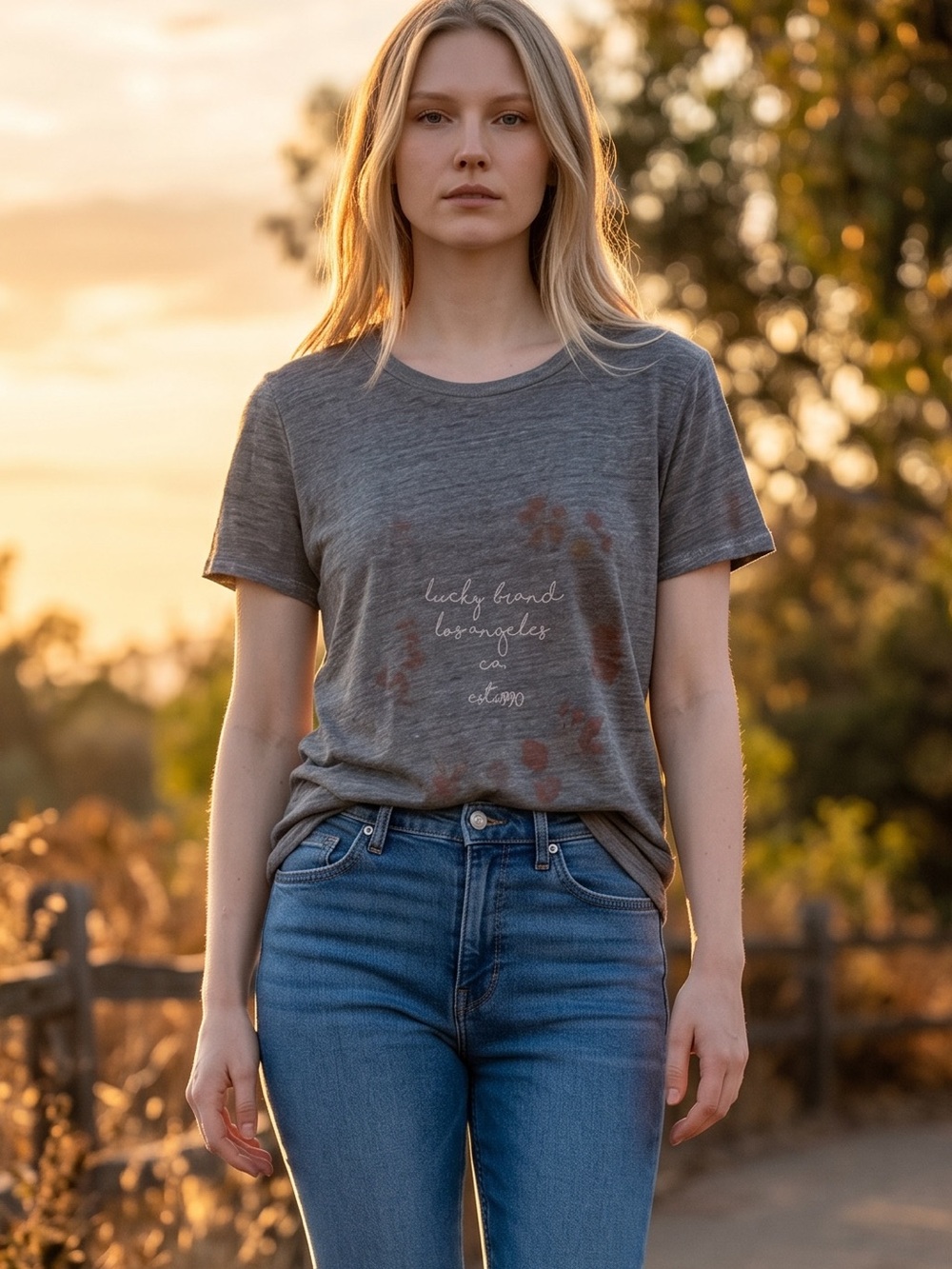Lucky Brand Heather Gray Script & Faded Floral Tee